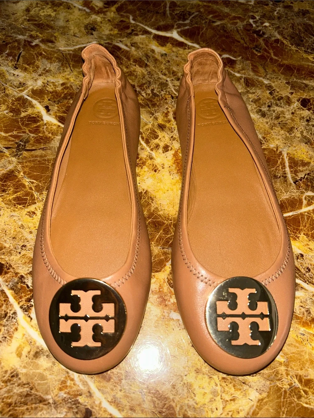 Tory Burch Camel Leather Logo Ballet Flats
